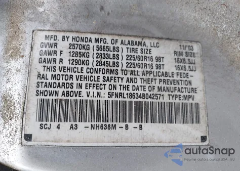 2004 Honda Odyssey Ex z USA, uszkodzony, nr VIN 5FNRL18634B042571